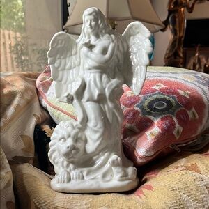 Vintage White Angel and Lion Figurine
